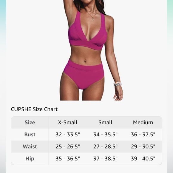 CUPSHE Hot Pink Bikini High Waisted Deep V Neck Back Hook Wide Straps Size M - Picture 8 of 8